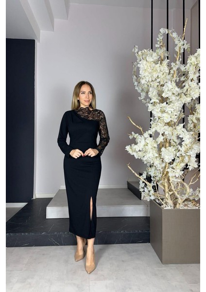 G1193 Dantel Detaylı Abiye Elbise Siyah