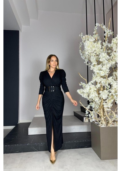 G1133 Drape Detaylı Kemerli Abiye Elbise Siyah