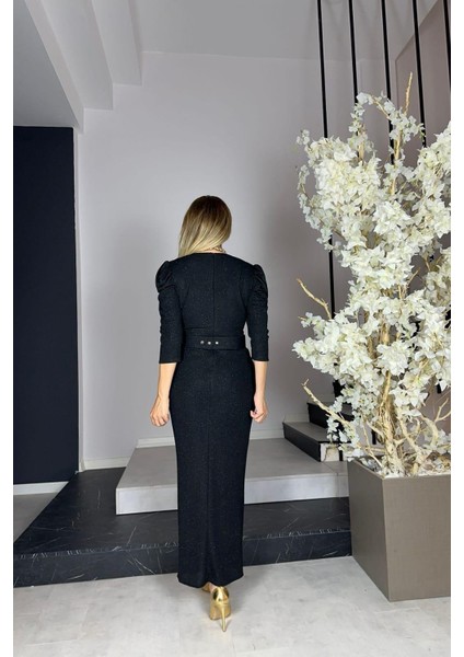 G1133 Drape Detaylı Kemerli Abiye Elbise Siyah fiyatları