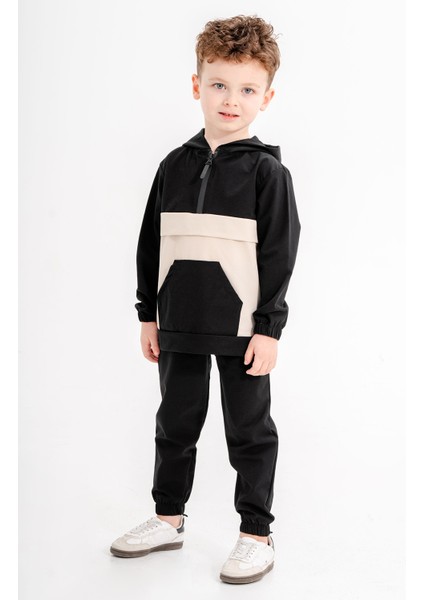 Siyah Kanguru Cepli Kapüşonlu Erkek Çocuk Paraşüt Eşofman Takımı 20119 fiyatları