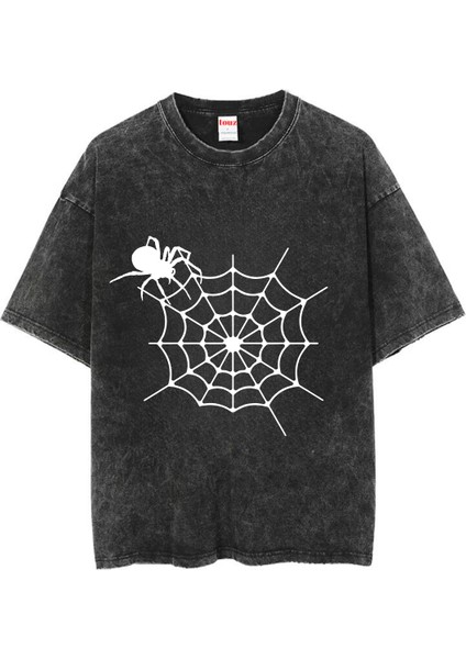 Yıkamalı Spider Baskılı Oversize Vintage T-Shirt