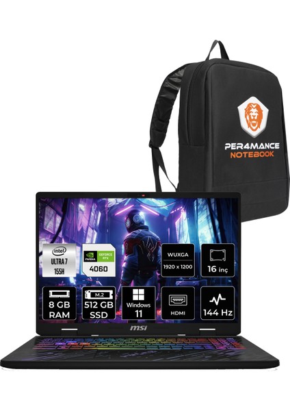 Msı Pulse 16 Aı Intel Core Ultra 7 155H 8gb 512GB SSD RTX4060/8GB 140W 16" Fhd+ 144Hz W11H Taşınabilir Bilgisayar & Per4 Çanta C1VFKG087XTRP342