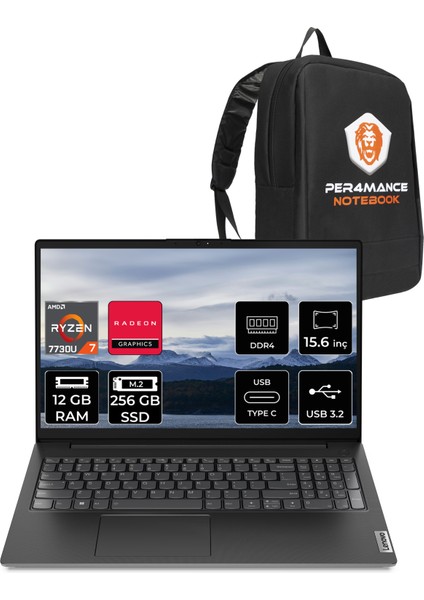 V15 Gen 4 Amd Ryzen 7 7730U 12GB 256GB SSD 15.6" Fhd Fdos Taşınabilir Bilgisayar & Per4 Çanta 82YY0013TRP306