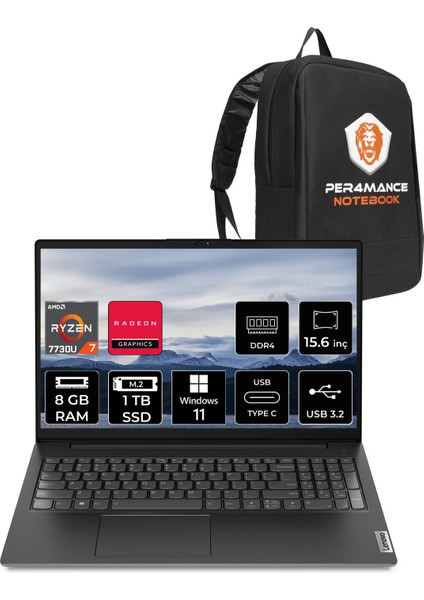 V15 Gen 4 Amd Ryzen 7 7730U 8gb 1tb SSD 15.6" Fhd W11H Taşınabilir Bilgisayar & Per4 Çanta 82YY0013TRP328