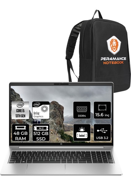 Probook 450 G10 Intel Core I5 1334U 48GB 512GB SSD 15.6" Fhd Fdos Taşınabilir Bilgisayar & Per4 Çanta 9G7X5ESPN342