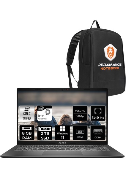 Msı Modern 15 Intel Core I7 1355U 8gb 2tb SSD 15.6" Fhd W11P Taşınabilir Bilgisayar & Per4 Çanta F13MG098XTRP404