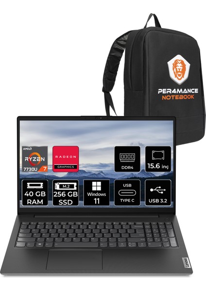V15 Gen 4 Amd Ryzen 7 7730U 40GB 256GB SSD 15.6" Fhd W11H Taşınabilir Bilgisayar & Per4 Çanta 82YY0013TRP346