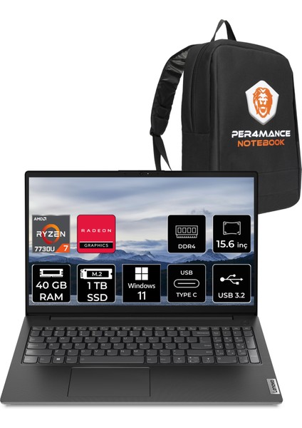 V15 Gen 4 Amd Ryzen 7 7730U 40GB 1tb SSD 15.6" Fhd W11H Taşınabilir Bilgisayar & Per4 Çanta 82YY0013TRP348