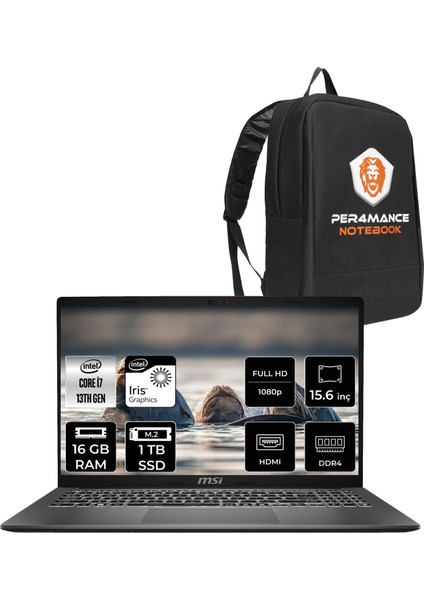 Msı Modern 15 Intel Core I7 1355U 16GB 1tb SSD 15.6" Fhd Fdos Taşınabilir Bilgisayar & Per4 Çanta F13MG098XTRP313