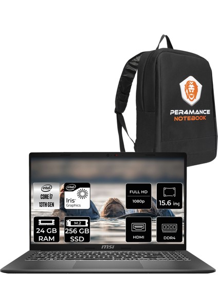 Msı Modern 15 Intel Core I7 1355U 24GB 256GB SSD 15.6" Fhd Fdos Taşınabilir Bilgisayar & Per4 Çanta F13MG098XTRP321