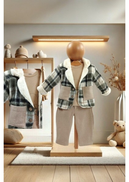 Erkek Bebek Takım Ekose Ceket Sweat Pantolon Yeşil