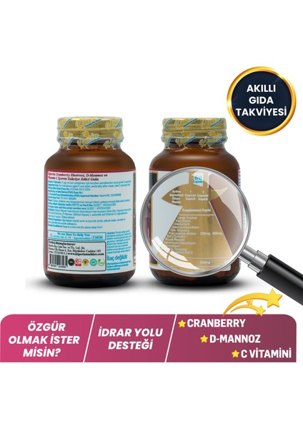 Cranberry, D-Mannoz, C Vitamin - Idrar Yolu Sağlığı (60KAPSÜL & 1400MG) | Akıllı Gıda Takviyesi