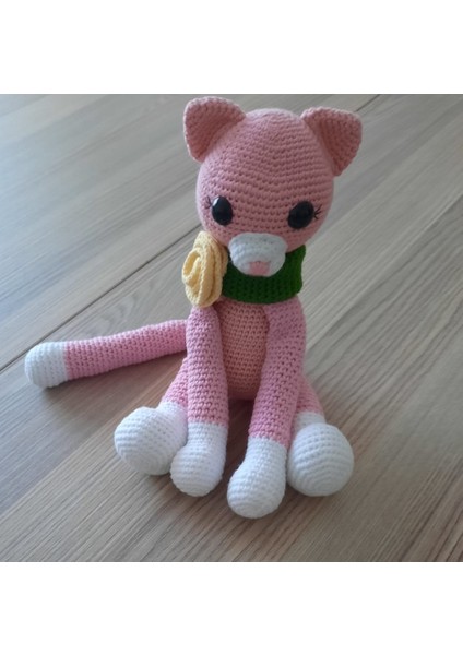 Amigurumi El Örgüsü Gül Detaylı Tasmalı, Sevimli Pembe Kedi