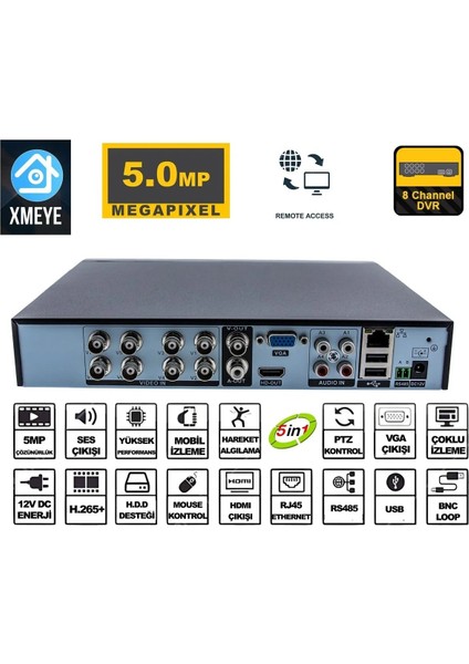 RSD-1608 Ahd Dvr Kayıt Cihazı 8 Kanal 5mp Xmeye