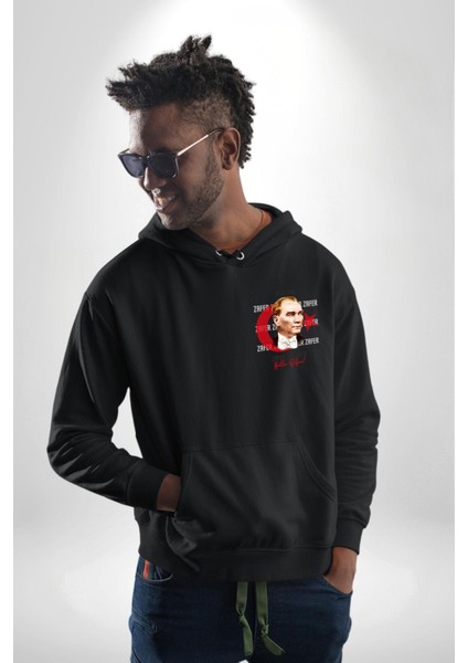 30 Ağustos Zafer Bayramı ve Atatürk Ay Yıldız Erkek Kadın Siyah Ön Sırt Baskılı Kapüşonlu Sweatshirt Hoodie