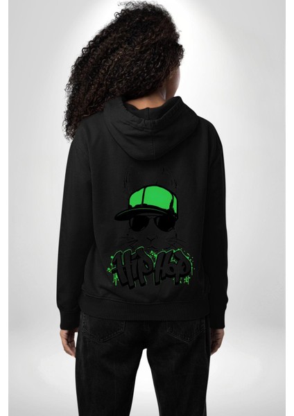 Paskalya Tavşanı Hip Hop Yeşil Şapka Erkek Kadın Siyah Ön Sırt Baskılı Kapüşonlu Sweatshirt Hoodie fırsatları