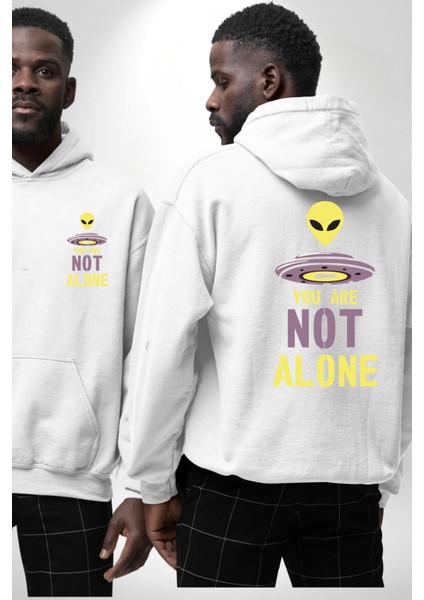Uzaylı Yalnız Değiliz Ufo Erkek Kadın Beyaz Ön Sırt Baskılı Kapüşonlu Sweatshirt Hoodie