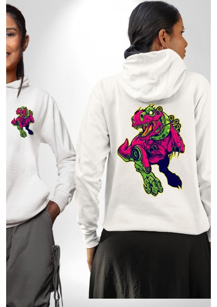 Cyberrex Neon ve Futuristik Dinozor Grafik Erkek Kadın Beyaz Ön Sırt Baskılı Kapüşonlu Sweatshirt Hoodie