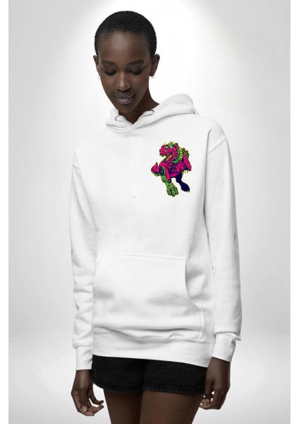 Cyberrex Neon ve Futuristik Dinozor Grafik Erkek Kadın Beyaz Ön Sırt Baskılı Kapüşonlu Sweatshirt Hoodie