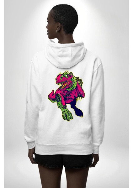 Cyberrex Neon ve Futuristik Dinozor Grafik Erkek Kadın Beyaz Ön Sırt Baskılı Kapüşonlu Sweatshirt Hoodie