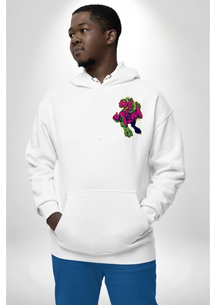 Cyberrex Neon ve Futuristik Dinozor Grafik Erkek Kadın Beyaz Ön Sırt Baskılı Kapüşonlu Sweatshirt Hoodie