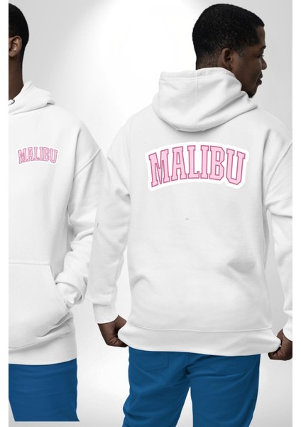 Malibu California Pembe Erkek Kadın Beyaz Ön Sırt Baskılı Kapüşonlu Sweatshirt Hoodie