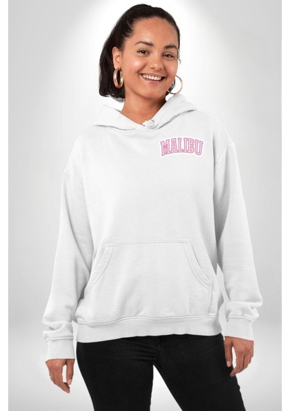 Malibu California Pembe Erkek Kadın Beyaz Ön Sırt Baskılı Kapüşonlu Sweatshirt Hoodie indirimleri