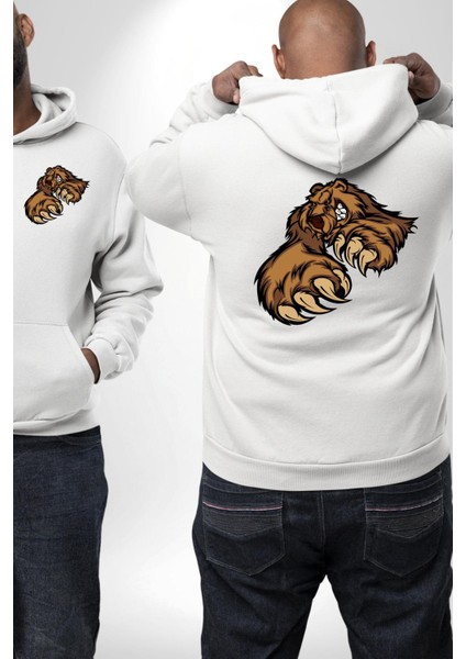 Öfkeli Ayı Pençesi - Güç ve Yırtıcılık Teması Erkek Kadın Beyaz Ön Sırt Baskılı Kapüşonlu Sweatshirt Hoodie