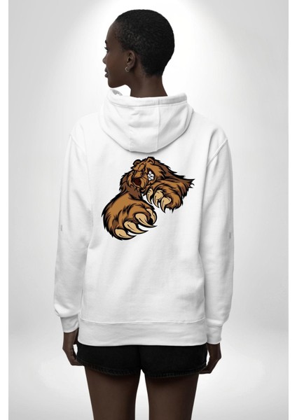 Öfkeli Ayı Pençesi - Güç ve Yırtıcılık Teması Erkek Kadın Beyaz Ön Sırt Baskılı Kapüşonlu Sweatshirt Hoodie modelleri