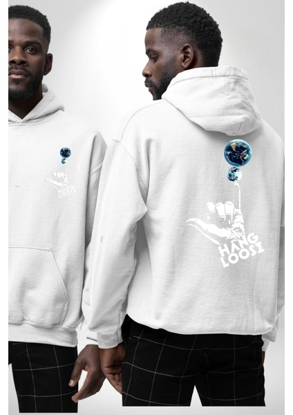 Hang Loose Dünya Temalı Eğlenceli Tasarım Erkek Kadın Beyaz Ön Sırt Baskılı Kapüşonlu Sweatshirt Hoodie
