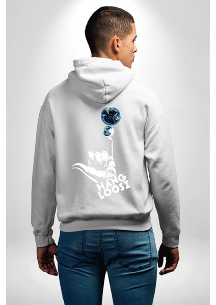 Hang Loose Dünya Temalı Eğlenceli Tasarım Erkek Kadın Beyaz Ön Sırt Baskılı Kapüşonlu Sweatshirt Hoodie modelleri
