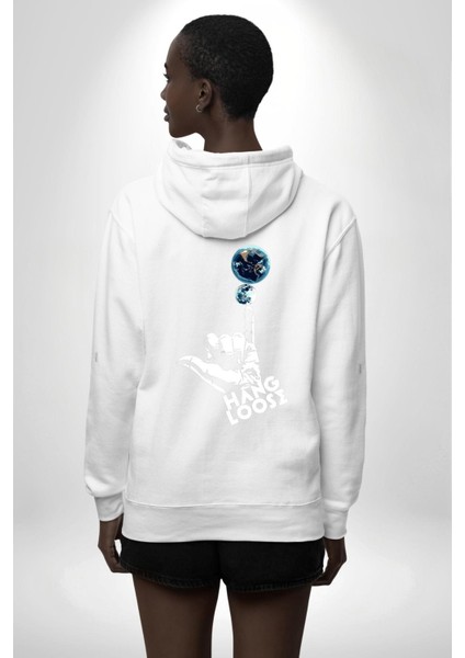 Hang Loose Dünya Temalı Eğlenceli Tasarım Erkek Kadın Beyaz Ön Sırt Baskılı Kapüşonlu Sweatshirt Hoodie indirimleri