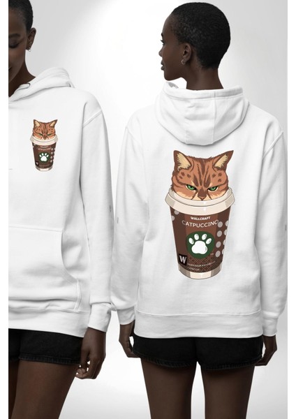Catpuccino Kedi Karikatür Eğlenceli Tasarım Erkek Kadın Beyaz Ön Sırt Baskılı Kapüşonlu Sweatshirt Hoodie