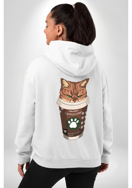 Catpuccino Kedi Karikatür Eğlenceli Tasarım Erkek Kadın Beyaz Ön Sırt Baskılı Kapüşonlu Sweatshirt Hoodie fırsatları