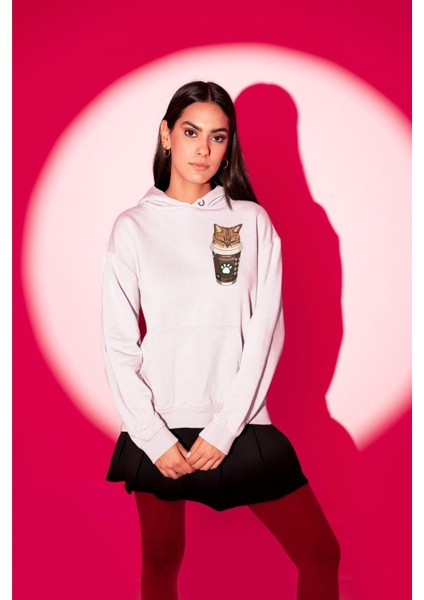 Catpuccino Kedi Karikatür Eğlenceli Tasarım Erkek Kadın Beyaz Ön Sırt Baskılı Kapüşonlu Sweatshirt Hoodie indirimleri