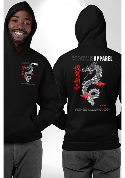 Çin Sitili Ejderha Bereket Tanrısı Erkek Kadın Siyah Ön Sırt Baskılı Kapüşonlu Sweatshirt Hoodie