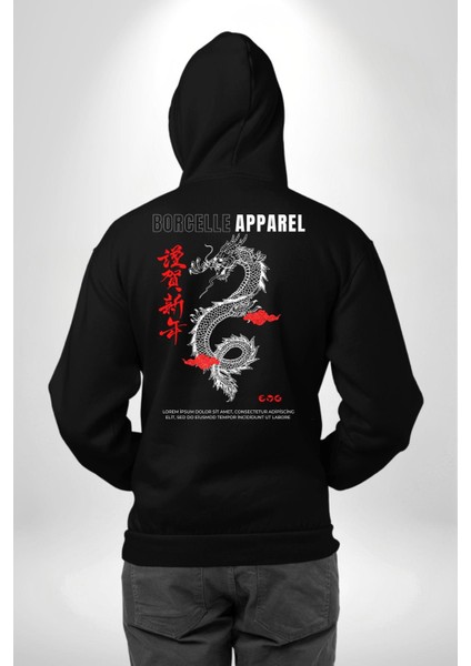 Çin Sitili Ejderha Bereket Tanrısı Erkek Kadın Siyah Ön Sırt Baskılı Kapüşonlu Sweatshirt Hoodie