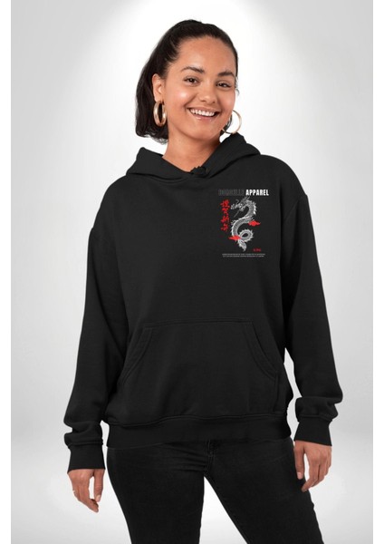 Çin Sitili Ejderha Bereket Tanrısı Erkek Kadın Siyah Ön Sırt Baskılı Kapüşonlu Sweatshirt Hoodie