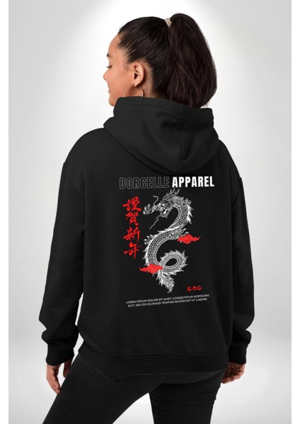 Çin Sitili Ejderha Bereket Tanrısı Erkek Kadın Siyah Ön Sırt Baskılı Kapüşonlu Sweatshirt Hoodie