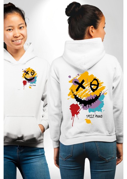 Smile Mood Xox Gülümseme Ruhu Erkek Kadın Beyaz Ön Sırt Baskılı Kapüşonlu Sweatshirt Hoodie