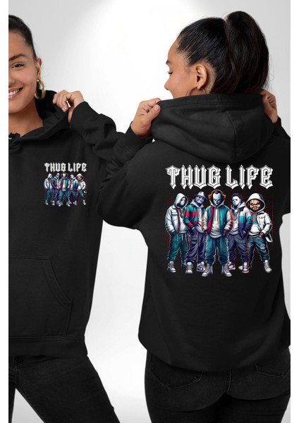 Korku Sineması Korku Kahramanları Haydut Hayatı Erkek Kadın Siyah Ön Sırt Baskılı Kapüşonlu Sweatshirt Hoodie