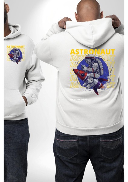 Roket Ata Binen Astronot Erkek Kadın Beyaz Ön Sırt Baskılı Kapüşonlu Sweatshirt Hoodie