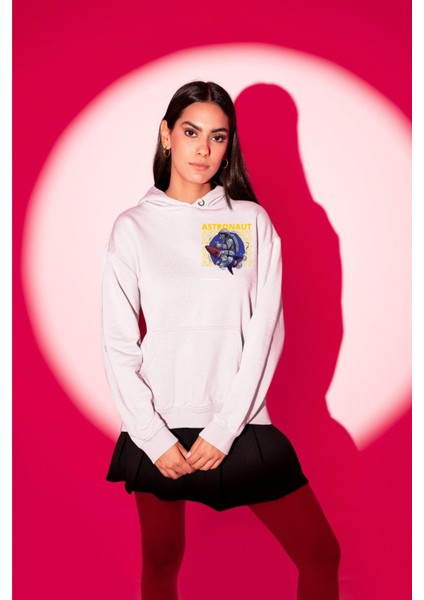 Roket Ata Binen Astronot Erkek Kadın Beyaz Ön Sırt Baskılı Kapüşonlu Sweatshirt Hoodie fiyatları