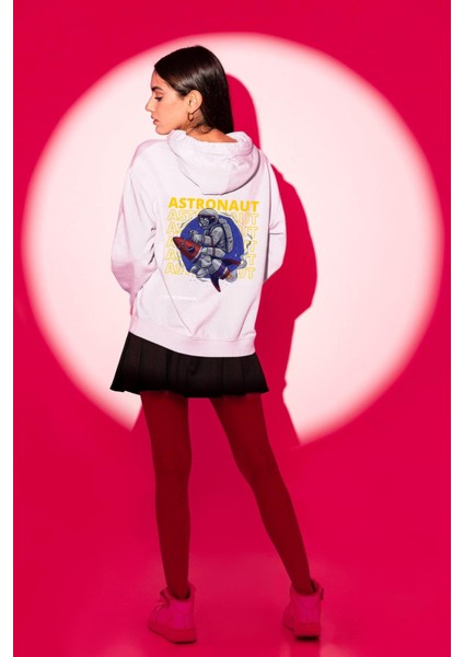 Roket Ata Binen Astronot Erkek Kadın Beyaz Ön Sırt Baskılı Kapüşonlu Sweatshirt Hoodie modelleri