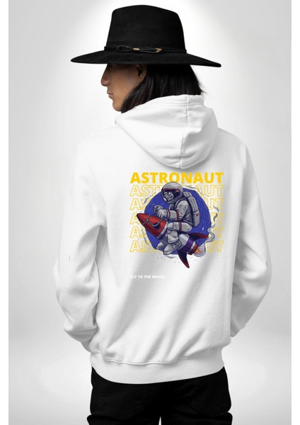 Roket Ata Binen Astronot Erkek Kadın Beyaz Ön Sırt Baskılı Kapüşonlu Sweatshirt Hoodie fırsatları
