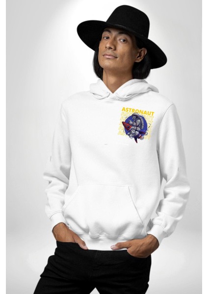 Roket Ata Binen Astronot Erkek Kadın Beyaz Ön Sırt Baskılı Kapüşonlu Sweatshirt Hoodie indirimleri