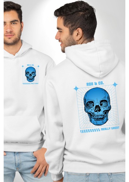 Sokak Sitili Kurukafa Erkek Kadın Beyaz Ön Sırt Baskılı Kapüşonlu Sweatshirt Hoodie