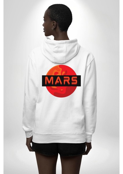 Mars Gezegen Erkek Kadın Beyaz Ön Sırt Baskılı Kapüşonlu Sweatshirt Hoodie