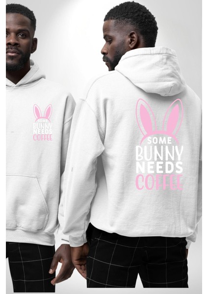 Bazı Pembe Tavşanların Kahveye Ihtiyacı Var Erkek Kadın Beyaz Ön Sırt Baskılı Kapüşonlu Sweatshirt Hoodie