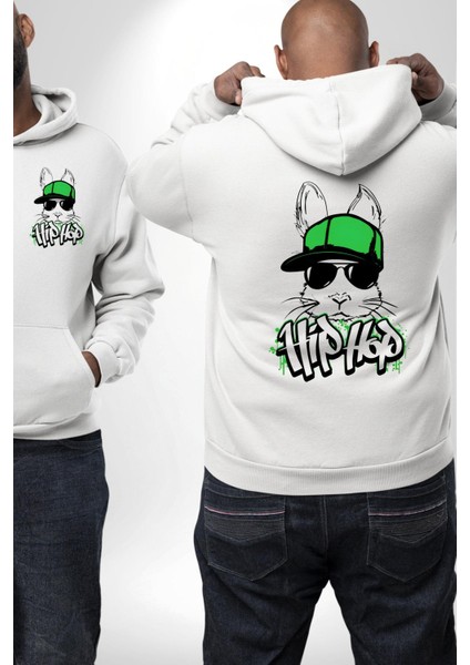 Paskalya Tavşanı Hip Hop Yeşil Şapka Erkek Kadın Beyaz Ön Sırt Baskılı Kapüşonlu Sweatshirt Hoodie